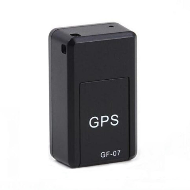 Black mini GPS tracker locator, GF-07 front panel with GPS logo