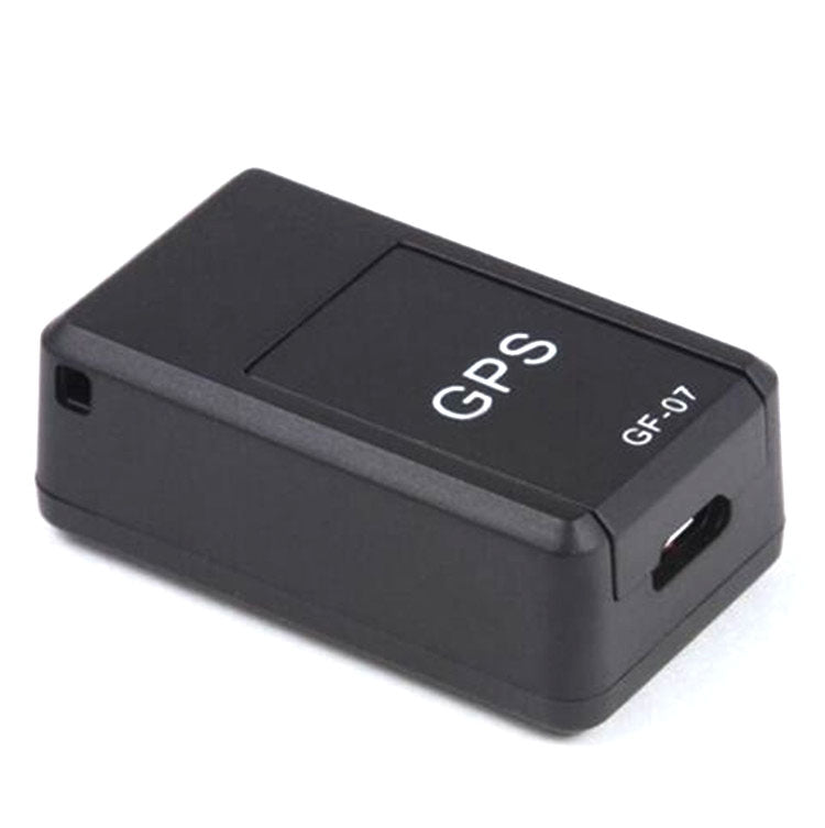 Black mini GPS tracker locator with side charging port, GF-07 and GPS markings