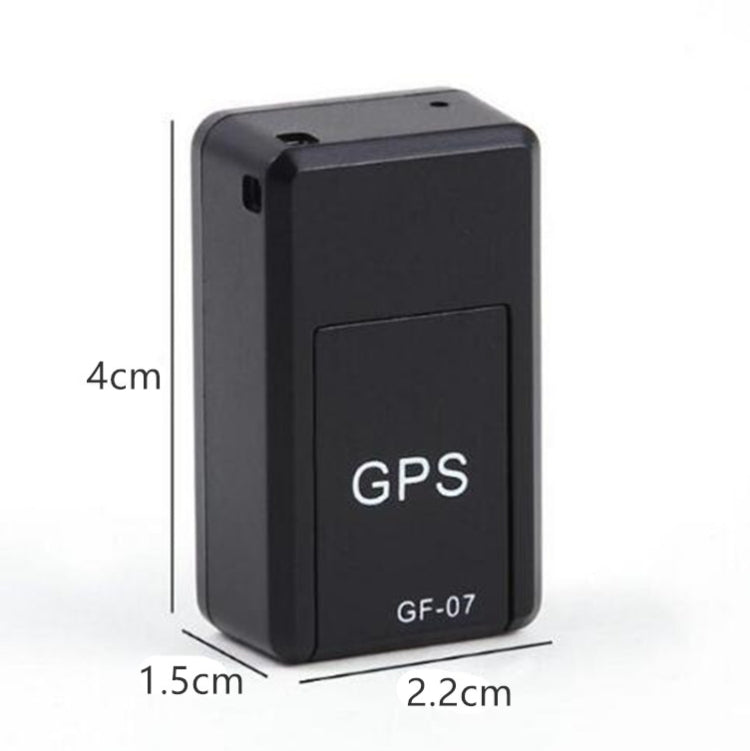 Black mini GPS tracker locator, GF-07 size view with GPS logo on front