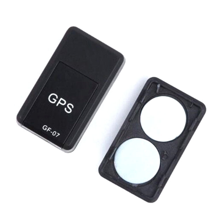 Black mini GPS tracker locator with GPS logo and separate magnet mounting frame