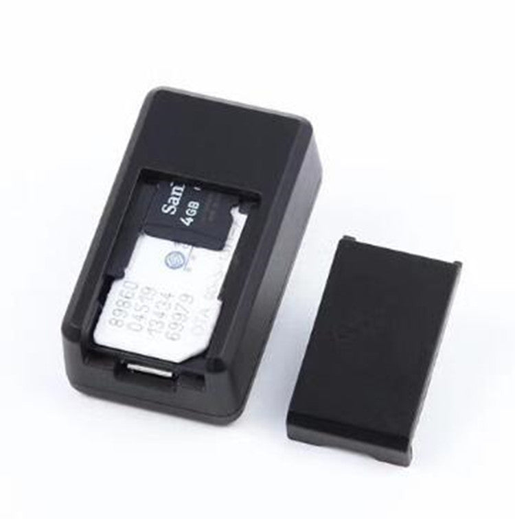 Black mini GPS tracker locator shown open with internal card slot area visible