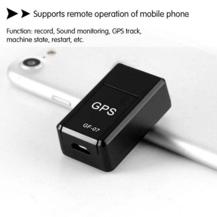 Black mini GPS tracker locator on a cable, GF-07 with GPS logo