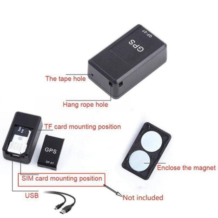 Black mini GPS tracker locator with USB port and labeled mounting hole areas