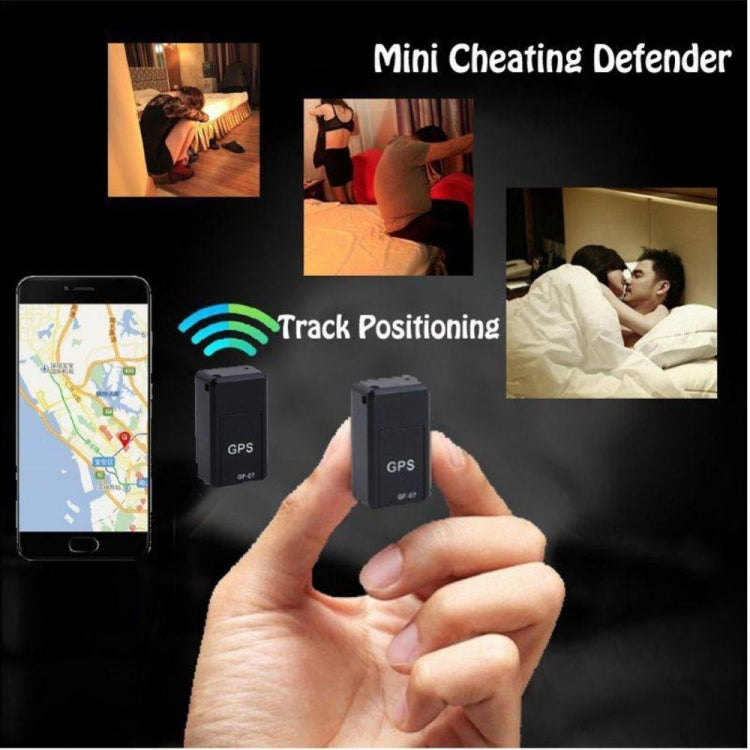 Black mini GPS tracker locator held in hand, GPS logo and GF-07 marking