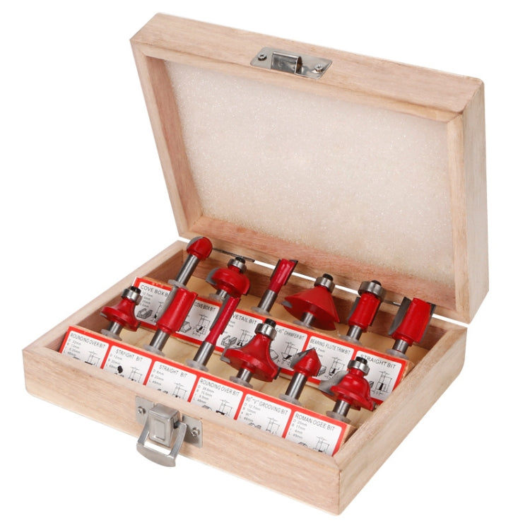 Wood milling cutter set in wooden case with red router bits and metal shanks