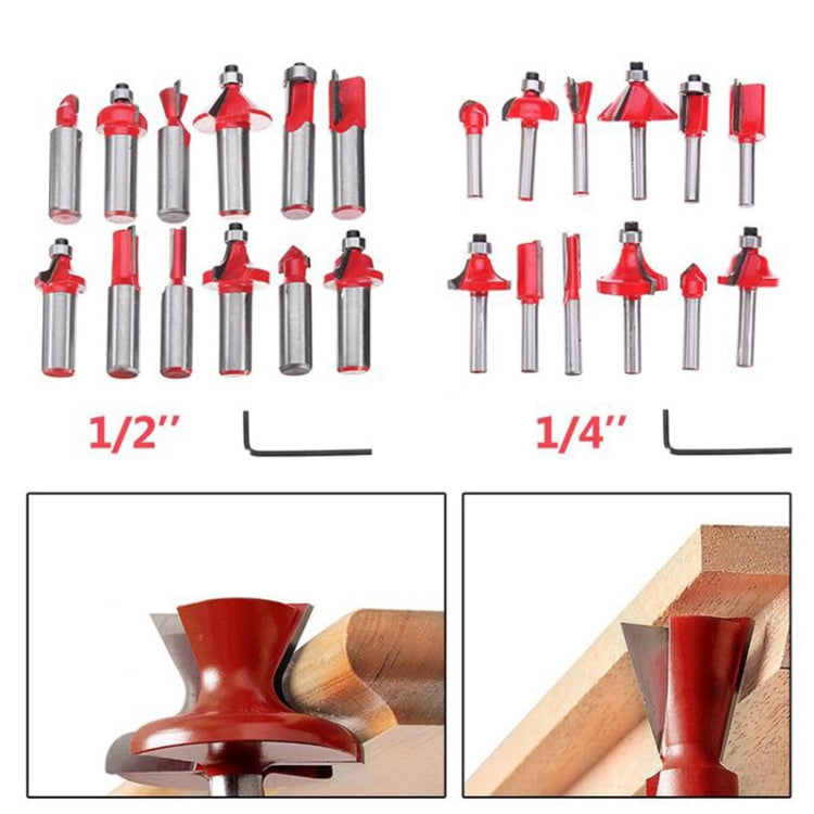 Set of red milling cutter router bits with guide shanks and 1/2 and 1/4 marks