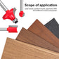 Red router cutter bits with silver shanks showing wood shaping on boards