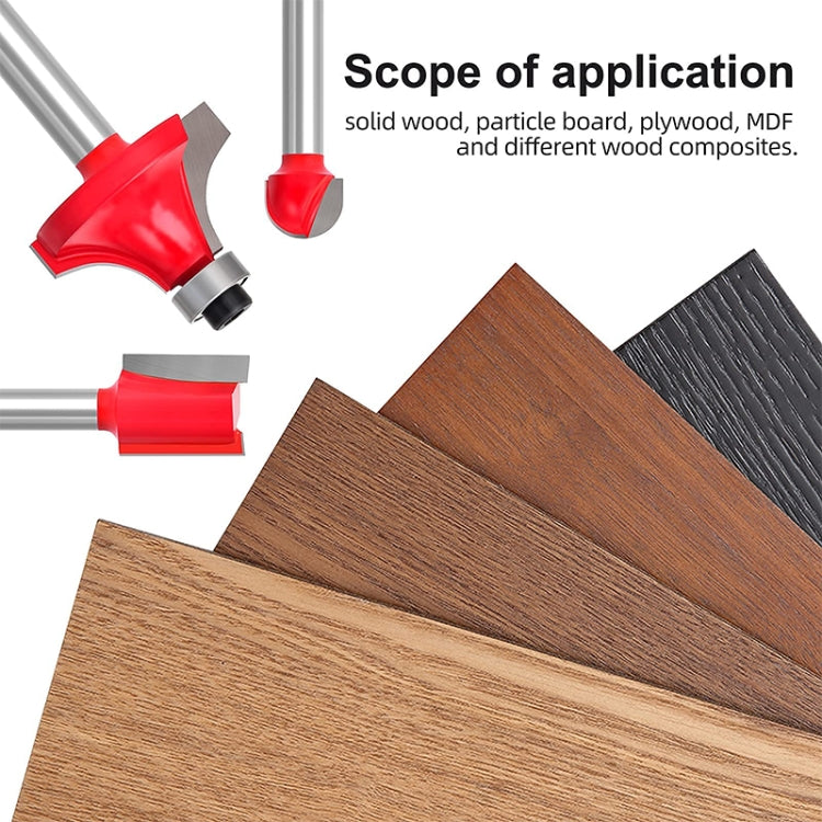 Red router cutter bits with silver shanks showing wood shaping on boards