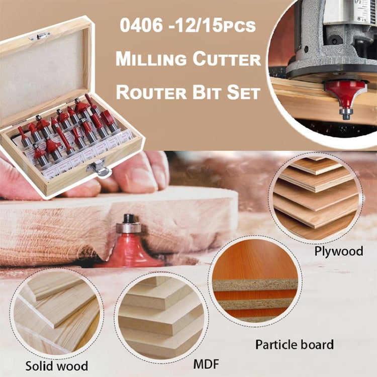 Wood milling cutter router bit set with red bits and wood application examples