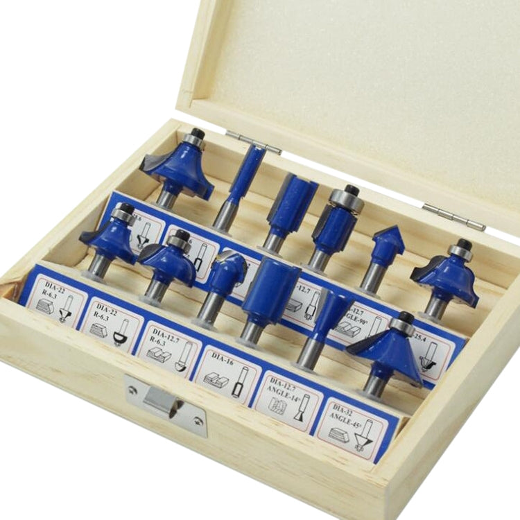 Wood milling cutter set in wooden case with blue router bits and metal shanks