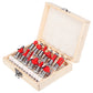 Wood milling cutter set in wooden case with red router bits and labeled slots