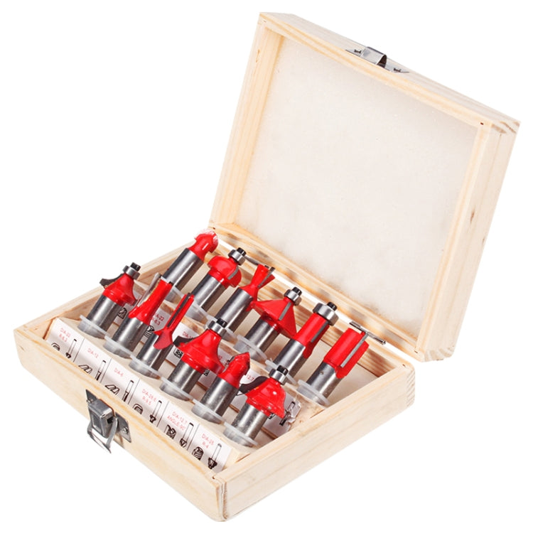 Wood milling cutter set in wooden case with red router bits and labeled slots