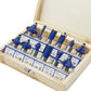 Wood milling cutter set in wooden case with blue router bits and labeled slots