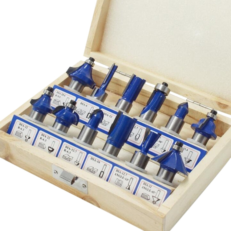Wood milling cutter set in wooden case with blue router bits and labeled slots