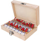 Wood milling cutter set in wooden case with red router bits and labeled organizer tray