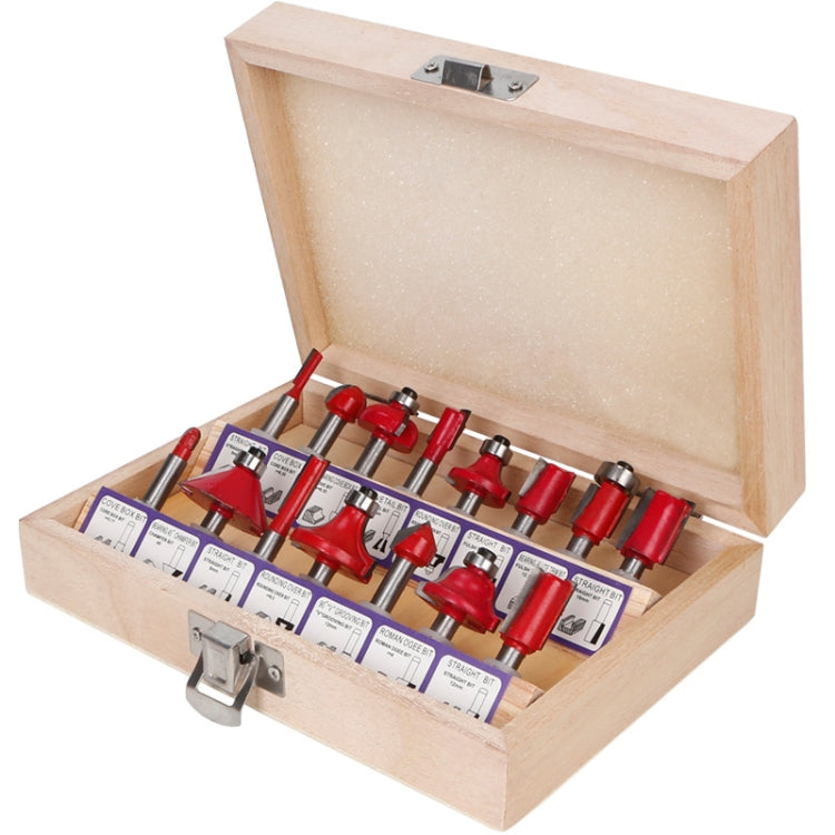 Wood milling cutter set in wooden case with red router bits and labeled organizer tray