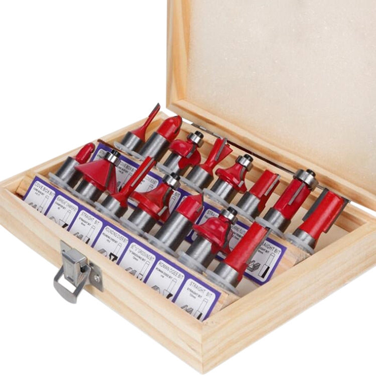 Woodworking milling cutter set in wooden case with red-handled router bits