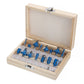 Woodworking milling cutter set in wooden case with blue-handled router bits