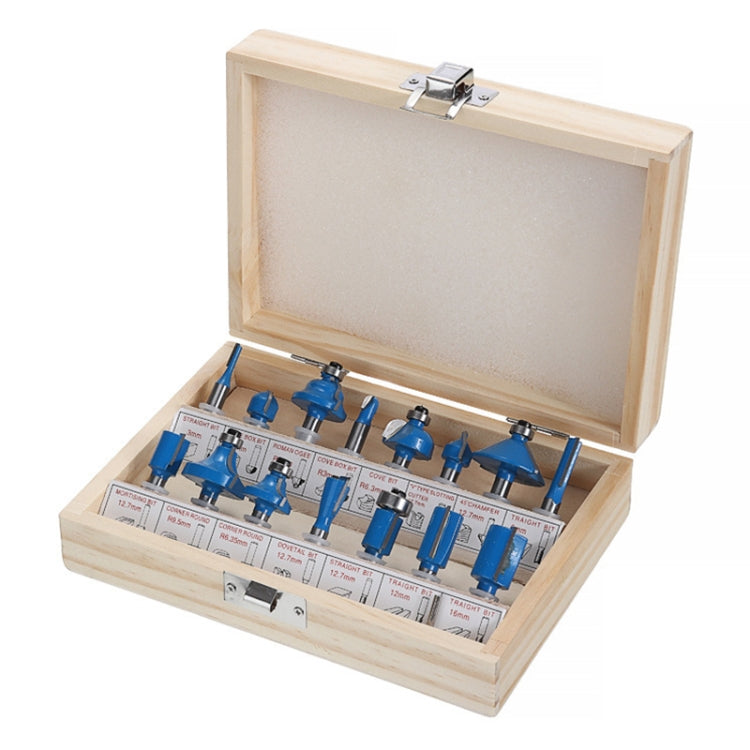 Woodworking milling cutter set in wooden case with blue-handled router bits