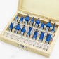 Woodworking milling cutter set close-up with blue-handled router bits in tray