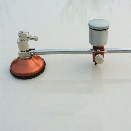 Universal wheel glass cutter tool with orange base, metal rail, and oil-filled cylinder