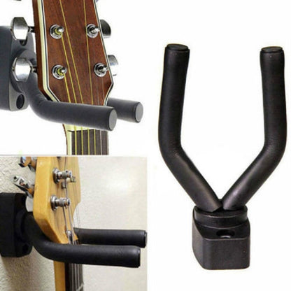 Black rubber-coated metal guitar wall hook with two arms and mounting base, set of 3