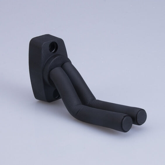 Black rubber-coated guitar wall hook on square mounting plate with hole