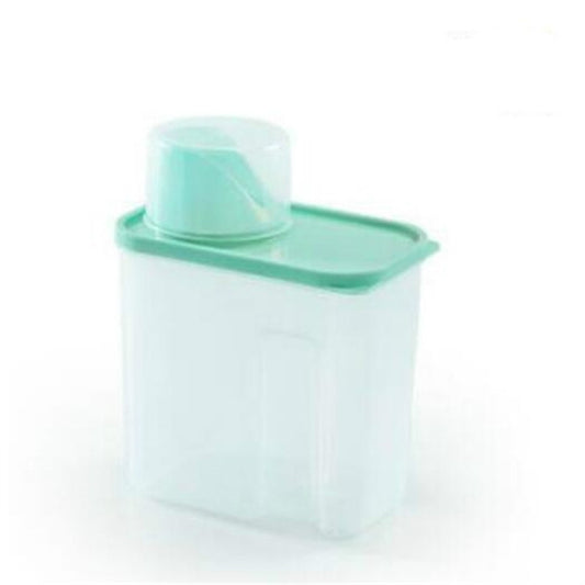 Transparent plastic washing powder storage container with green lid and base