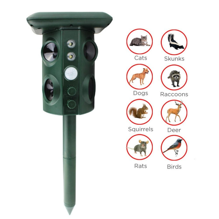 Green outdoor solar animal repeller with animal target icons for cats, dogs, skunks