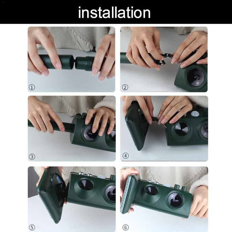 Solar animal repeller installation steps showing hands mounting the device on a stake