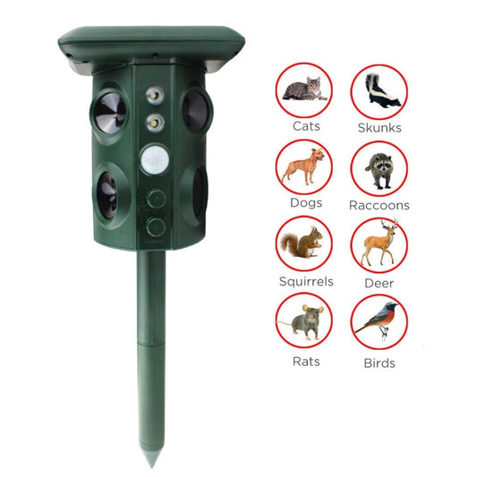 Green outdoor solar animal repeller with animal target icons for cats, dogs, skunks