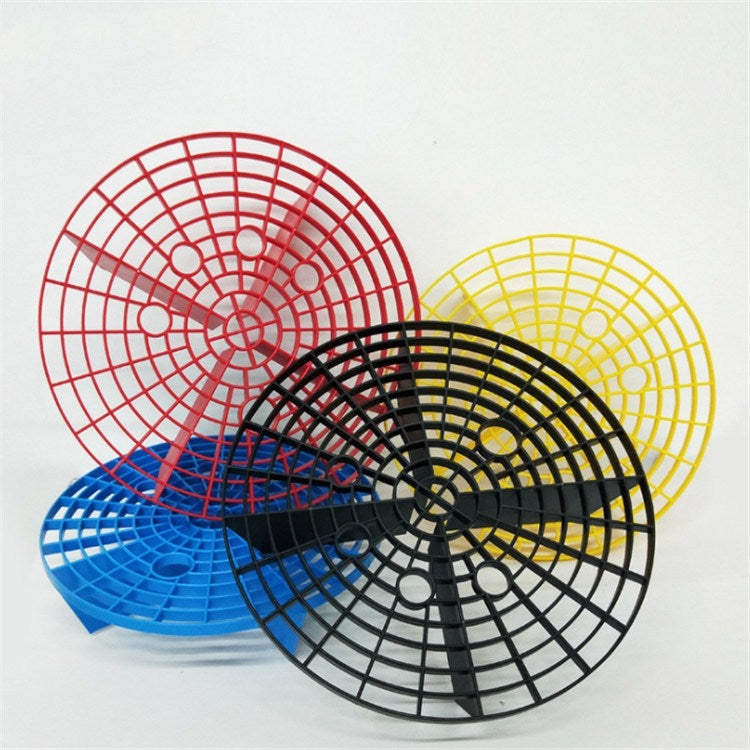 Set of circular sand and stone filter nets in red, yellow, blue, and black colors