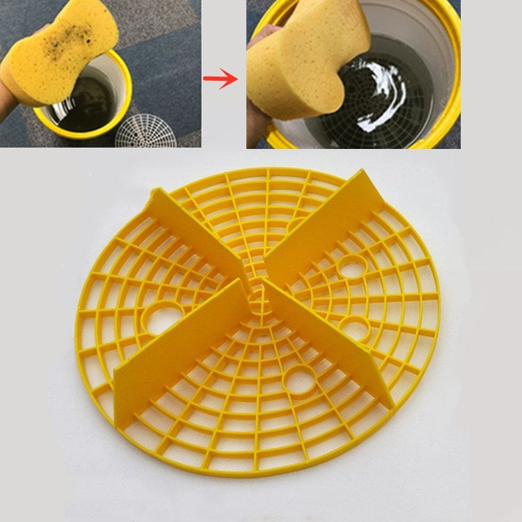 Yellow circular sand and stone isolation filter net disc with grid spokes and center hub