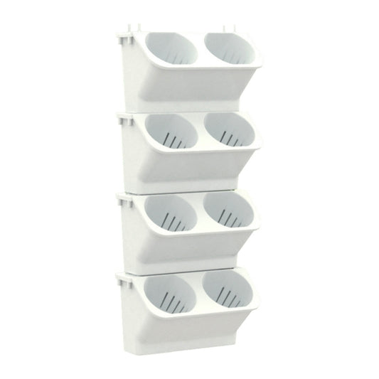 White vertical wall planter box with four tiers and eight oval planting cups