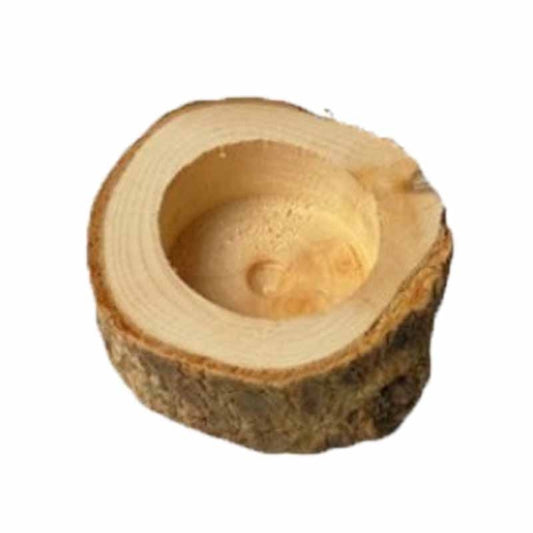 Round log-style planter with open top for candles or succulents, natural wood tone.