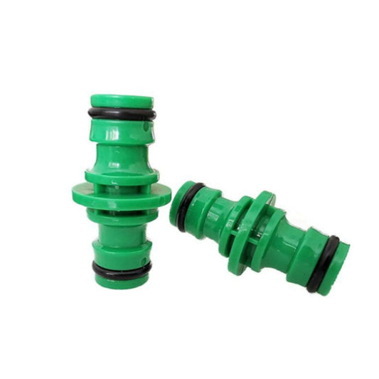 Pair of green plastic hose quick connectors with double-ended extension coupler