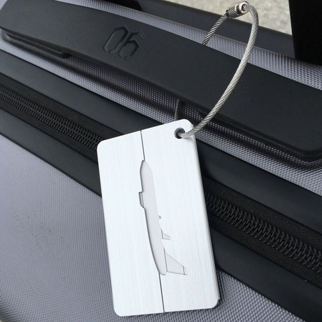Brush aluminum luggage tag with airplane cutout, metal rope loop, silver