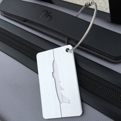 Brush aluminum luggage tag with airplane cutout, metal rope loop, silver
