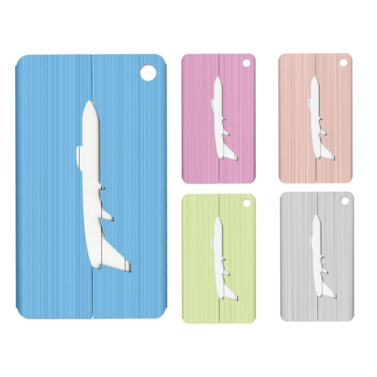 Assorted brush aluminum luggage tags with airplane cutouts in blue, pink, peach, green, silver