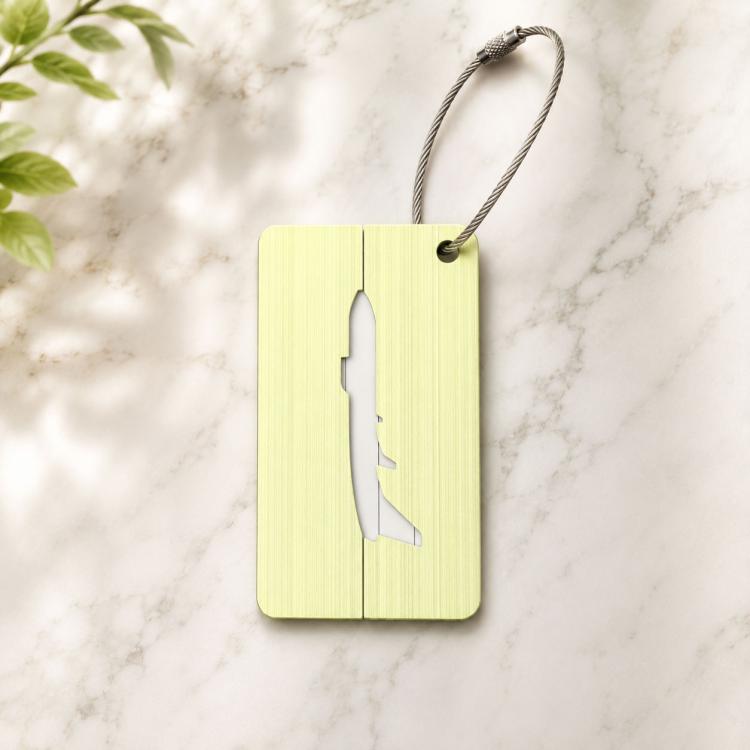 Yellow-green brush aluminum luggage tag with airplane cutout and braided rope loop