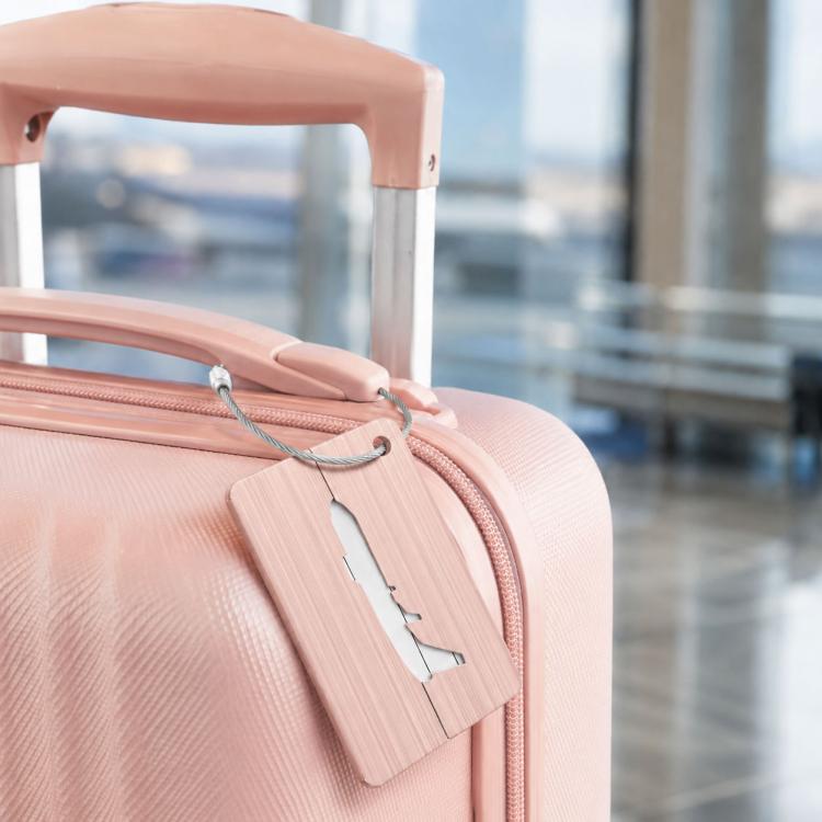 Rose pink brush aluminum luggage tag with airplane cutout and braided rope loop on suitcase