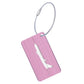 Pink brush aluminum luggage tag with airplane cutout, top hole and braided rope loop
