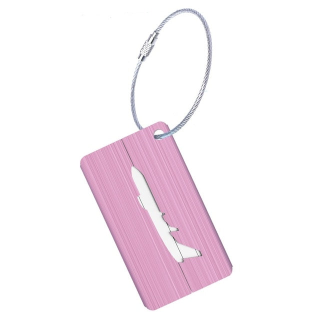Pink brush aluminum luggage tag with airplane cutout, top hole and braided rope loop