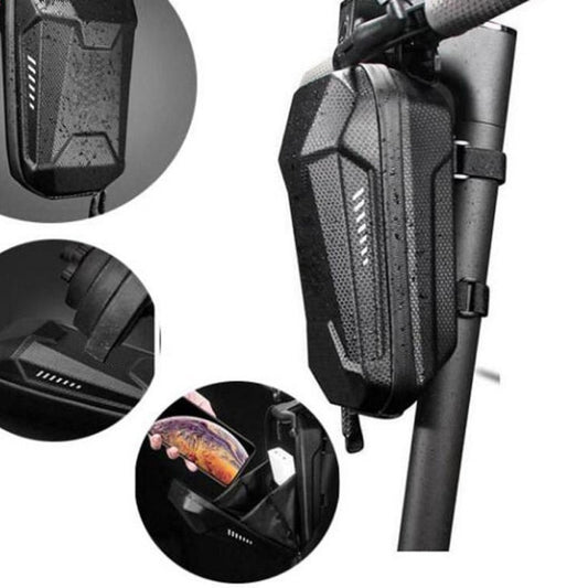 Black bike front bag with strap mounting and clear front pocket area for small items.