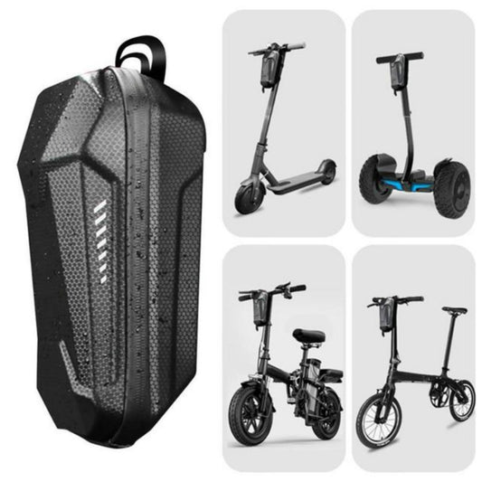 Black waterproof bike front hanging bag with textured panels and top carry handle.