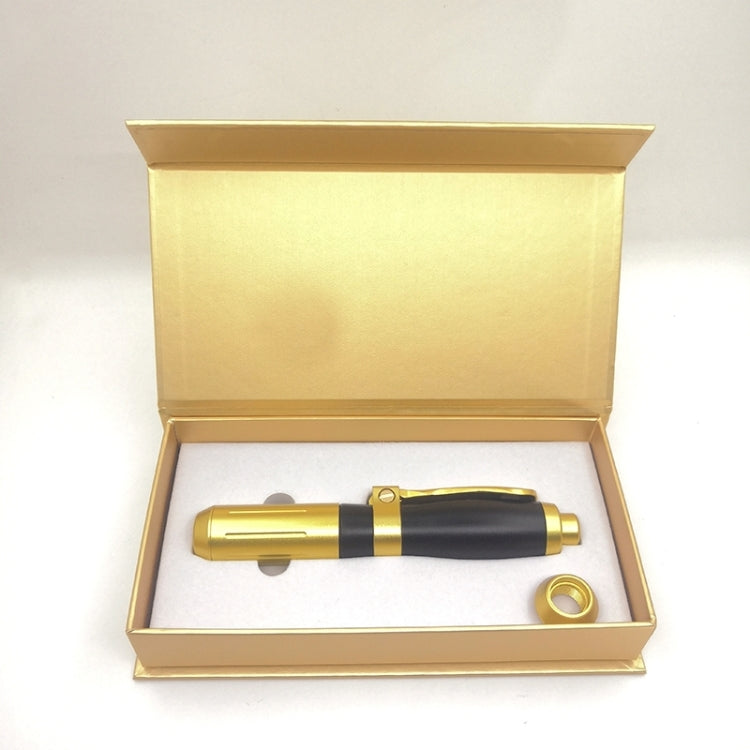 Gold and black needleless beauty injector pen in an open gold storage case