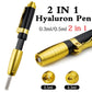 Gold and black pen-style hyaluron injector with dual nozzle caps and small vials