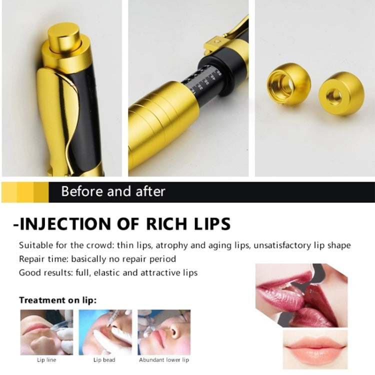Gold and black injector pen with cap pieces and close-up view of the nozzle parts