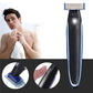 Men’s rechargeable electric shaver with blue trimmer frame and metal blade head, front view