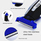 Electric shaver with blue blade guard and exposed stainless-steel cutting blade, angled view
